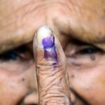 Agartala: An elderly woman shows her ink-marked finger after casting his vote during the first phase of the Lok Sabha elections