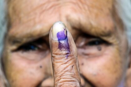 Agartala: An elderly woman shows her ink-marked finger after casting his vote during the first phase of the Lok Sabha elections