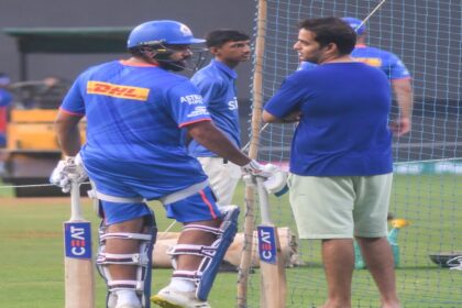 Mumbai: Playes of Royal Challengers Bengaluru and Mumbai Indians during a practice session