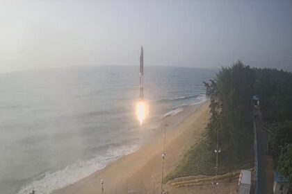 Sriharikota: The Agnibaan rocket, powered by the world's first single-piece 3D printed semi-cryogenic engine, lifts off from its launch pad at Sriharikota on Thursday, May 30, 2024. (Photo: IANS/@AgnikulCosmos)