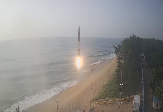 Sriharikota: The Agnibaan rocket, powered by the world's first single-piece 3D printed semi-cryogenic engine, lifts off from its launch pad at Sriharikota on Thursday, May 30, 2024. (Photo: IANS/@AgnikulCosmos)