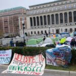 Scene at Columbia University in New York on Wednesday, April 24, 2024, where students have occupied the institution's main quadrangle in support of Palestine and against United States support for Israel and set up tents.