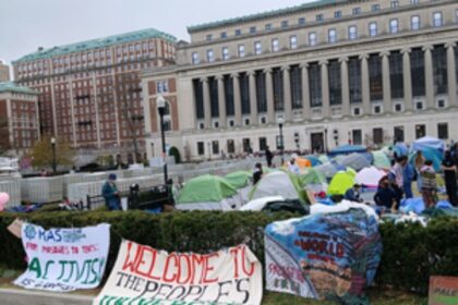 Scene at Columbia University in New York on Wednesday, April 24, 2024, where students have occupied the institution's main quadrangle in support of Palestine and against United States support for Israel and set up tents.