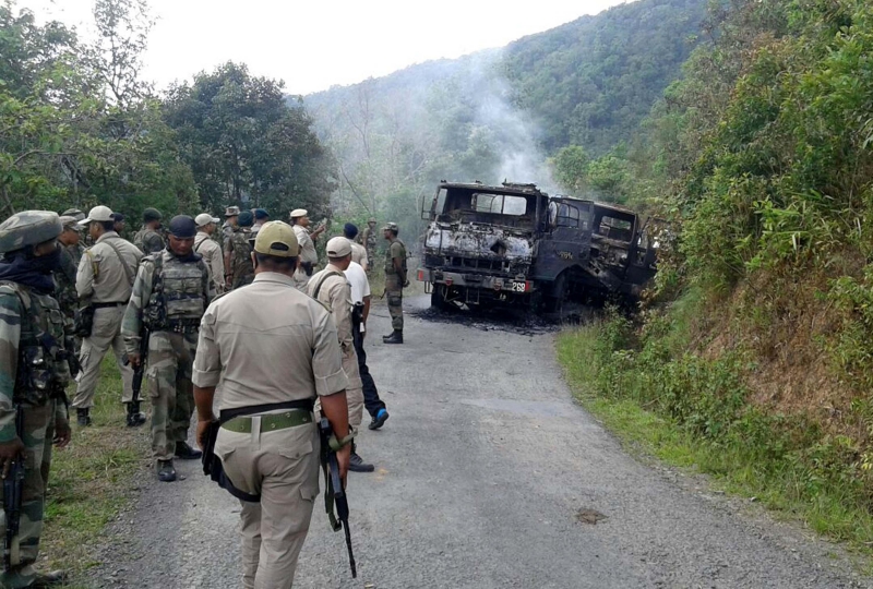 Chandel (Manipur): Security personnel at the site where at least 18 soldiers were killed on 4th June 2015, when NSCN-K militants ambushed their convoy in Manipur's Chandel district on June 5, 2015. (Photo: IANS)