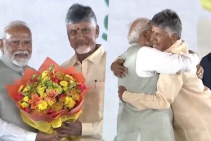 Chandrababu Nadu hugged PM Narendra Modi after taking oath. Photo: IANS