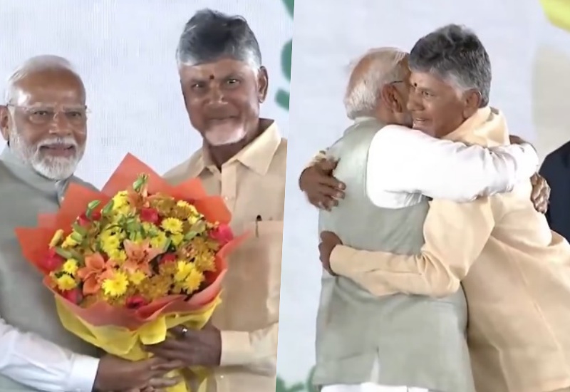 Chandrababu Nadu hugged PM Narendra Modi after taking oath. Photo: IANS