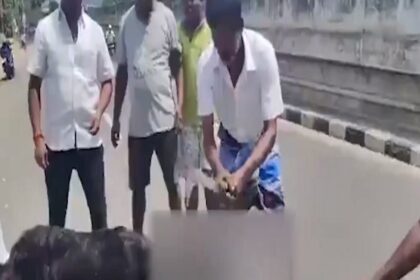 The goat was slaughtered in the middle of the road with a picture of a BJP leader placed on its head (Photo- Video Grab- X)