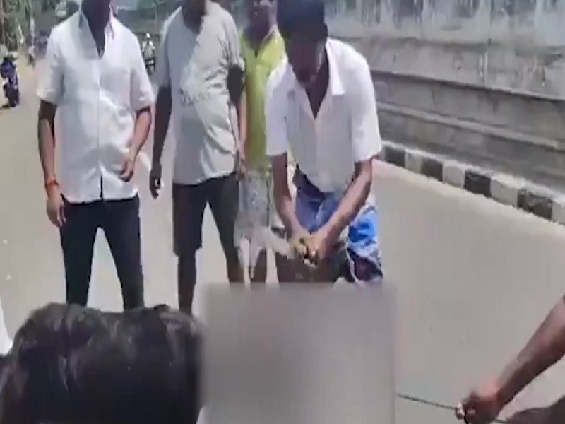 The goat was slaughtered in the middle of the road with a picture of a BJP leader placed on its head (Photo- Video Grab- X)