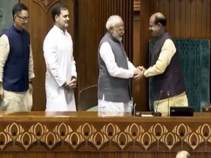 After Om Birla was elected as the Speaker of the Lok Sabha, PM Modi, Rahul Gandhi, and Kiren Rijiju escorted him to the chair (Photo - Video Grab).