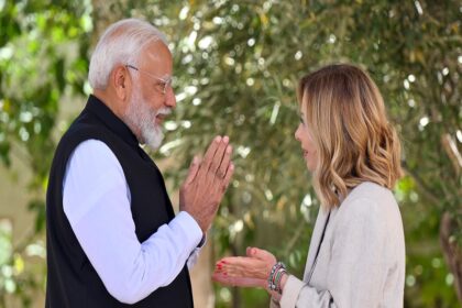 Italian PM Giorgia Meloni welcoming Prime Minister Narendra Modi in Apulia, Italy. (Photo - IANS)