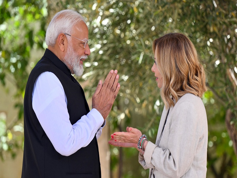 Italian PM Giorgia Meloni welcoming Prime Minister Narendra Modi in Apulia, Italy. (Photo - IANS)