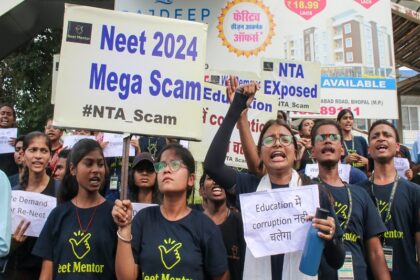 Students protesting against alleged irregularities in NEET exam in Bhopal, Madhya Pradesh (Photo- IANS)