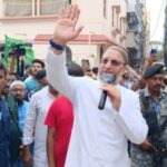 Hyderabad: AIMIM President Asaduddin Owaisi campaigns for the Lok Sabha elections in Bahadurpura constituency on Saturday, April 13, 2024. (Photo: IANS)