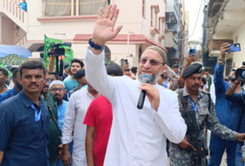 Hyderabad: AIMIM President Asaduddin Owaisi campaigns for the Lok Sabha elections in Bahadurpura constituency on Saturday, April 13, 2024. (Photo: IANS)