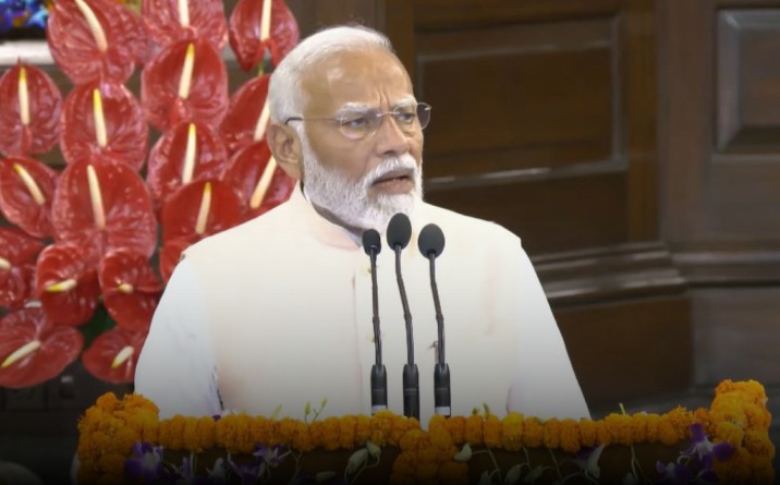 Prime Minister Narendra Modi speaks during the National Democratic Alliance Parliamentary Party Meeting, Central Hall, Old Parliament Building, in New Delhi, Friday, June 07, 2024.(IANS/Video Grab)