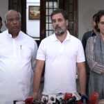 New Delhi: Congress National President Mallikarjun Kharge with party leaders Rahul Gandhi, Priyanka Gandhi, and KC Venugopal during a press briefing at his residence