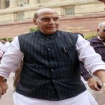 Defense Minister Rajnath Singh in the Parliament premises on the second day of the first session of the 18th Lok Sabha (Photo - IANS).