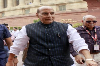 Defense Minister Rajnath Singh in the Parliament premises on the second day of the first session of the 18th Lok Sabha (Photo - IANS).