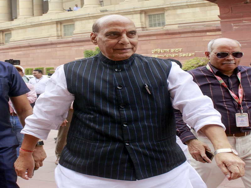 Defense Minister Rajnath Singh in the Parliament premises on the second day of the first session of the 18th Lok Sabha (Photo - IANS).