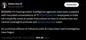 YouTube India employees accused propaganda against PM Modi BJP amid loksabha elections 2024 big journalist claims intelligence agenciesfound concrete evidence