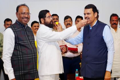 Mumbai: Maharashtra CM Eknath Shinde, Deputy CMs Devendra Fadnavis, Ajit Pawar and others celebratefollowing the Mahayuti alliance's victory in the Maharashtra Assembly elections in Mumbai on Saturday, November 23, 2024. (Photo: IANS)