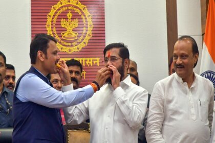 Mumbai: Maharashtra CM Eknath Shinde, along with Deputy CMs Devendra Fadnavis and Ajit Pawar, addresses a press conference following the Maharashtra Assembly election results