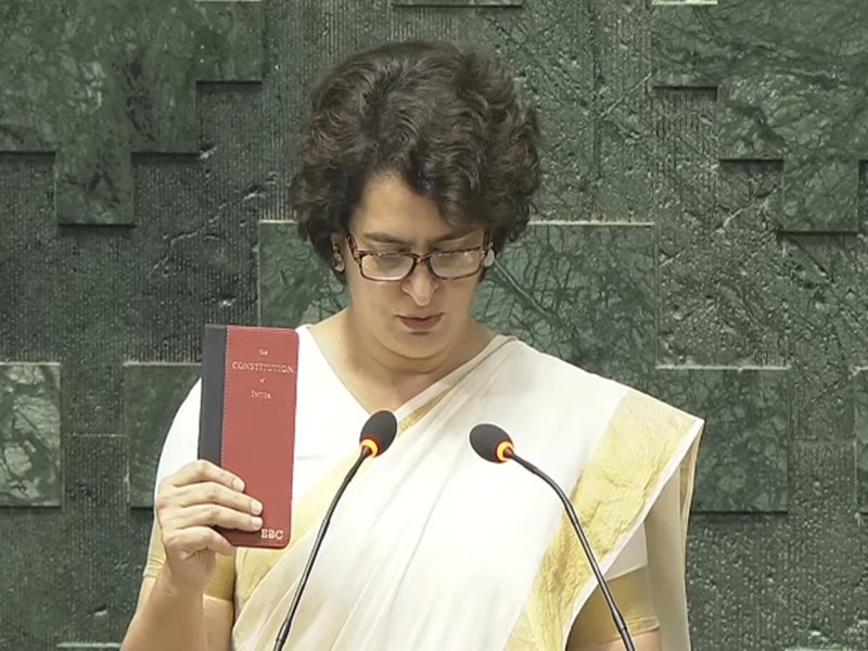 Priyanka Gandhi took oath as a Lok Sabha member with a copy of the Constitution in her hand.