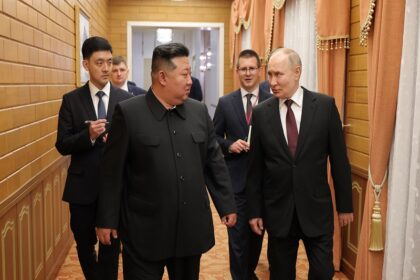 North Korean leader Kim Jong-un welcomes Russian President Vladimir Putin upon his arrival in Pyongyang for a state visit in the early hours of June 19, 2024, as shown in this photo provided by the North's Korean Central News Agency.(IANS/YONHAP)