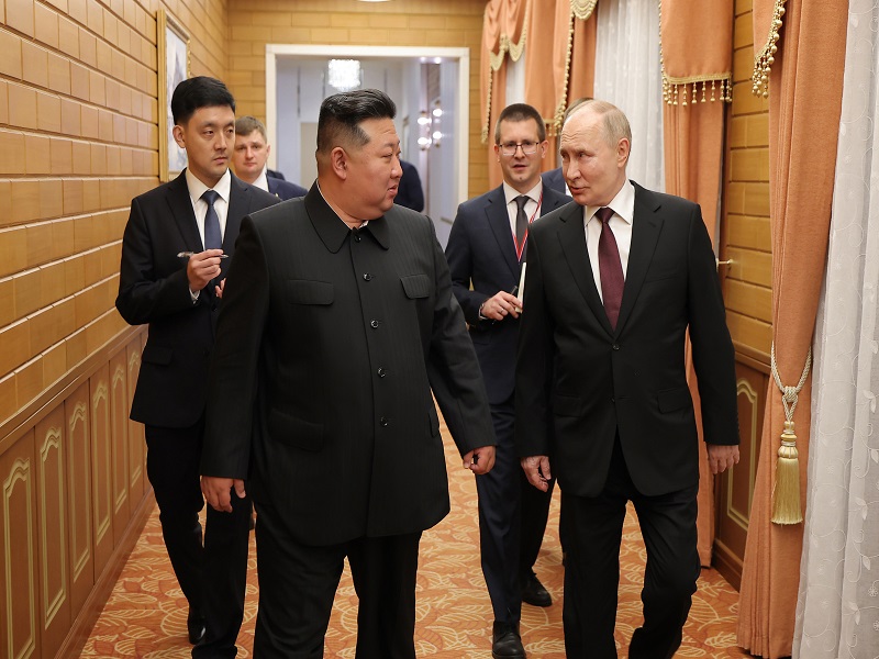 North Korean leader Kim Jong-un welcomes Russian President Vladimir Putin upon his arrival in Pyongyang for a state visit in the early hours of June 19, 2024, as shown in this photo provided by the North's Korean Central News Agency.(IANS/YONHAP)