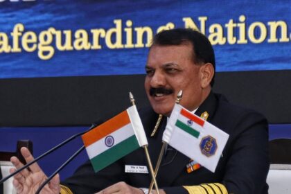 Navy Chief Admiral Dinesh Kumar Tripathi addresses the annual Navy Day press conference at Kota House in New Delhi on Monday Dec 2, 2024.