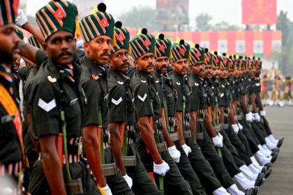 Pune: The Madras Regiment contingent marches past during the full dress rehearsals for the Army Day Parade 2025 in Pune on Saturday, January 11, 2025. (Photo: IANS/Rahul Deshmukh)