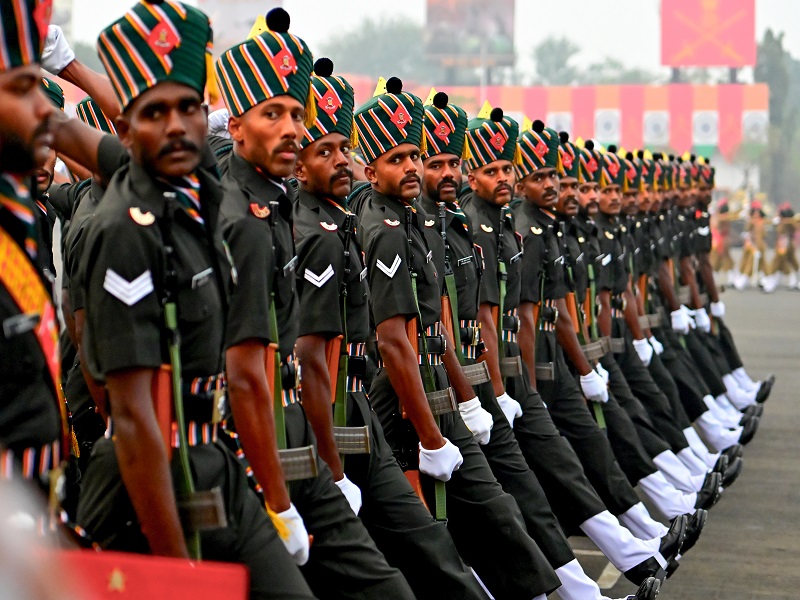 Pune: The Madras Regiment contingent marches past during the full dress rehearsals for the Army Day Parade 2025 in Pune on Saturday, January 11, 2025. (Photo: IANS/Rahul Deshmukh)